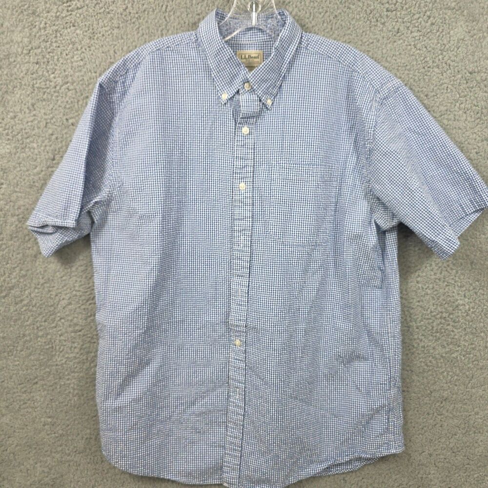 L.L.Bean Men's Check Button-Up Shirt Blue White Short Sleeve Pocket SIze L